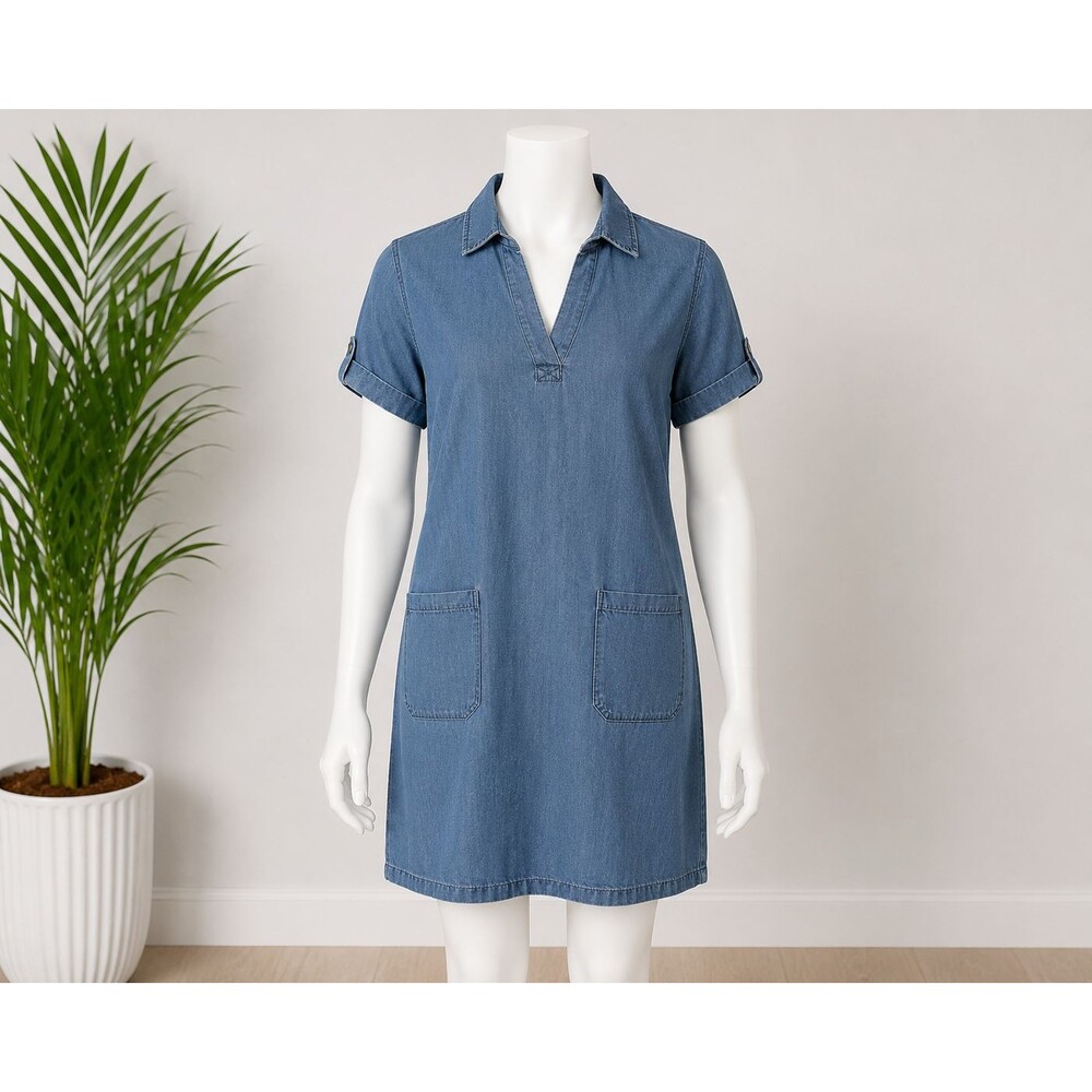NWT Dockers Women's Linen Blend Shirt Dress Denim Size Small Collared Pockets